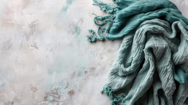 A green scarf is hanging on the side of a wall, its fabric flowing gently in the breeze. The scarf contrasts against the neutral-colored wall, adding a pop of color to the scene.