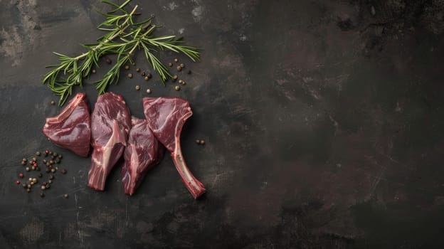 Fresh raw meat covered in a variety of herbs and spices, ready for cooking on a dark backdrop. The ingredients are visually striking and evoke a sense of culinary preparation.