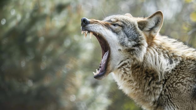 A wolf bares its teeth, with its mouth wide open in a threatening display of aggression. The powerful predator is showing its dominance and readiness to defend its territory.