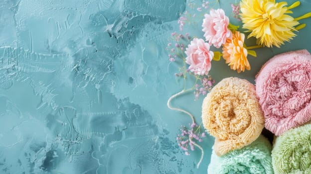 A group of towels neatly stacked beside a vibrant arrangement of flowers. The towels are folded and organized, creating a contrasting yet harmonious scene with the colorful flowers.