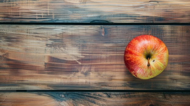 A red apple rests on top of a simple wooden table, creating a rustic and homey scene.