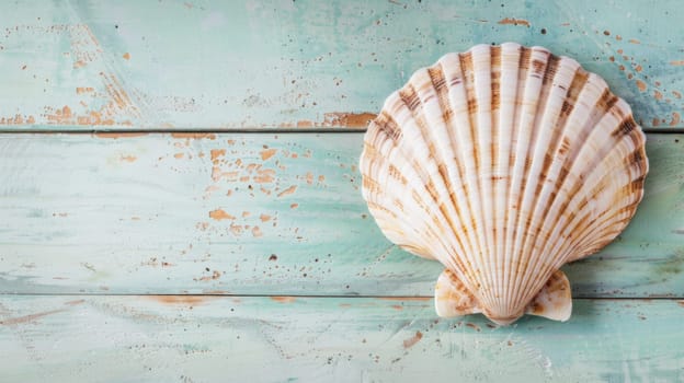 A single sea shell rests on a textured blue wooden background. The shell stands out against the bright blue hue, creating a simple yet striking composition.