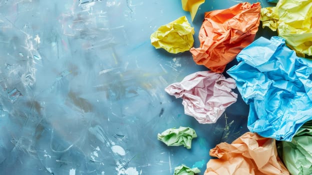 Assorted crumpled paper of various colors strewn on a vibrant blue tabletop. The wrinkled papers create a captivating texture against the smooth blue backdrop, showcasing a contrast in shapes and shades.