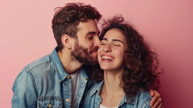 A man and a woman are seen kissing in front of a vibrant pink wall. The couple is locked in a passionate embrace as they share a tender moment together.