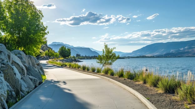 A paved bike path runs parallel to a calm body of water, offering cyclists a picturesque route with scenic views of the water.