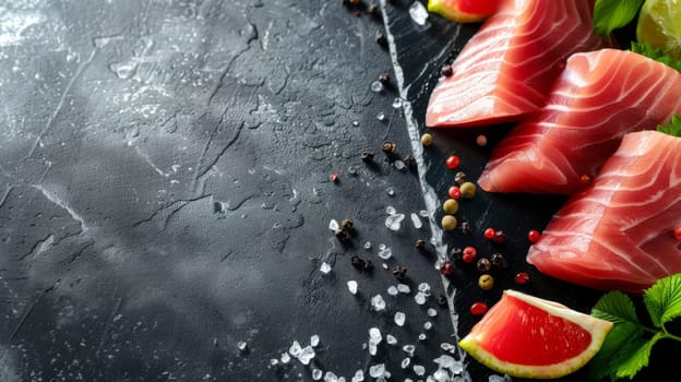 A black table is neatly arranged with slices of fish, showcasing the freshness and quality of the seafood. The fish slices are placed in an organized manner, highlighting their texture and vibrant colors.