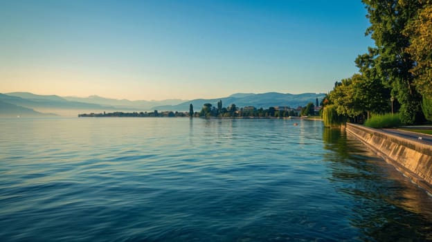A body of water reflecting the surrounding landscape of trees and mountains in the background. The trees stand tall along the shoreline, while the mountains loom in the distance under a clear sky.