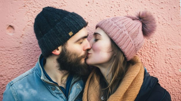 A man and a woman are engaged in a kiss in front of a vibrant pink wall. The couples body language shows affection and intimacy as they share a moment together.