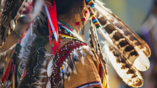 A traditional Native American Indian headdress adorned with feathers, symbolizing honor and tribal identity. The intricate craftsmanship of the headdress displays the cultural significance of the wearer.