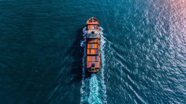 A sizable boat navigates through the middle of a vast body of water, creating ripples and waves as it moves forward. The boat is the focal point, highlighting its size and presence against the open expanse of the water.