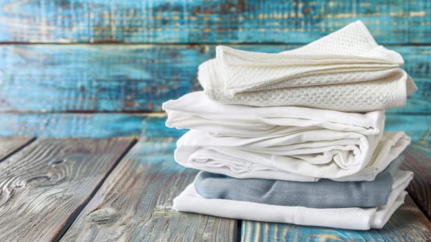 A neatly arranged stack of folded clothes sits on a wooden floor, showcasing various fabrics and colors. The clothes appear freshly laundered and ready to be put away or worn.