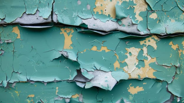 A detailed view of a green wall with peeling paint, revealing layers of decay and aged surfaces. The texture of the peeling paint is highlighted, showcasing the weathered appearance of the wall.