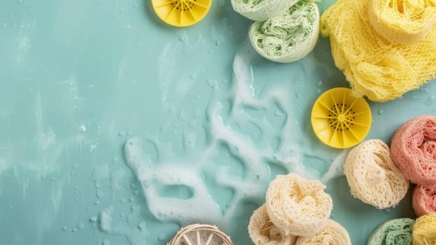 Close-up view of multiple bars of soap arranged on a vibrant blue surface. The soap bars vary in color and shape, creating a visually interesting display.