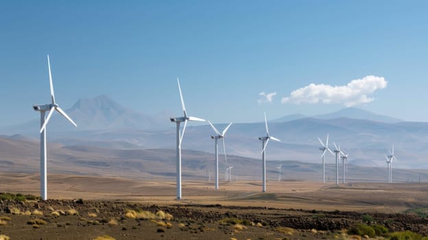 A group of windmills are positioned in the grass, their blades motionless as they stand tall against the backdrop of the landscape.
