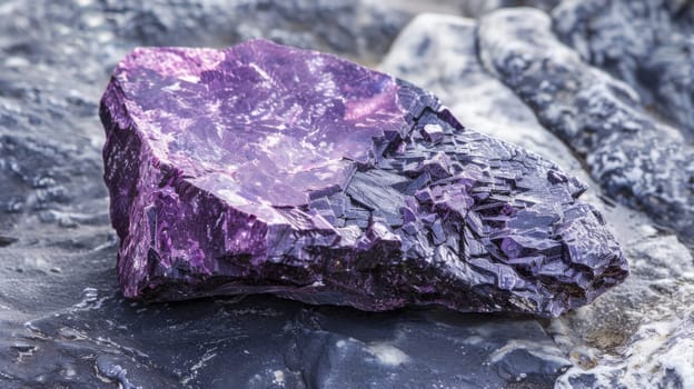 A vibrant purple rock stands out among a cluster of rocks, positioned as if its perched on top. The contrasting colors create a striking visual contrast in this rocky landscape.