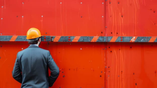 A man wearing a hard hat is standing in front of a bright red wall. He appears to be inspecting or working on something in the area.