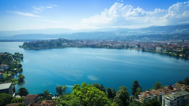 A large body of water, such as a lake or pond, is seen in this scene, enclosed by a dense forest of trees. The water appears calm, reflecting the green foliage around it.