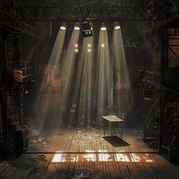 Photo of an old empty stage illuminated with spotlights generated by artificial intelligence