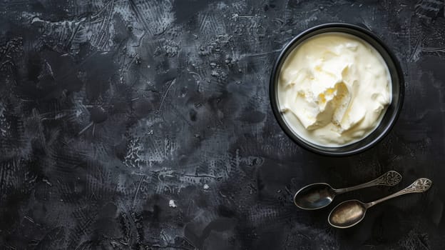 A white ceramic bowl filled with fluffy whipped cream sits on a table next to two silver spoons. The smooth texture of the cream contrasts with the shiny metal of the spoons.