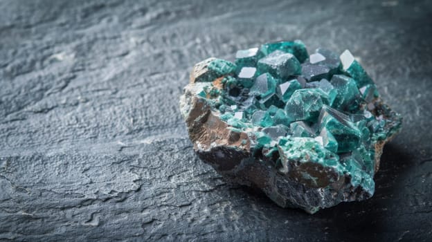 A rock with distinct green and white crystals embedded in its surface, creating a striking contrast. The intricate patterns of the crystals catch the light, adding a touch of elegance to the rugged texture of the rock.