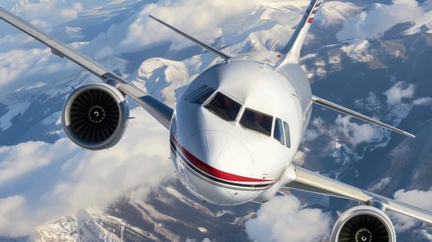 A large commercial jetliner is seen flying through a cloudy sky, leaving behind a trail of white condensation. The jets engines are roaring as it soars above the clouds, with its wings fully extended.