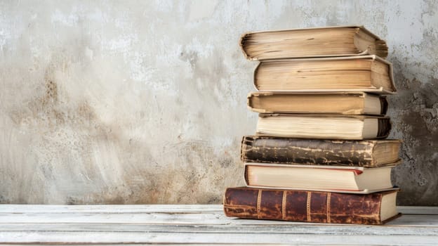 A neat stack of books is placed on top of a wooden table. The books are of various sizes and colors, creating a visually interesting arrangement.