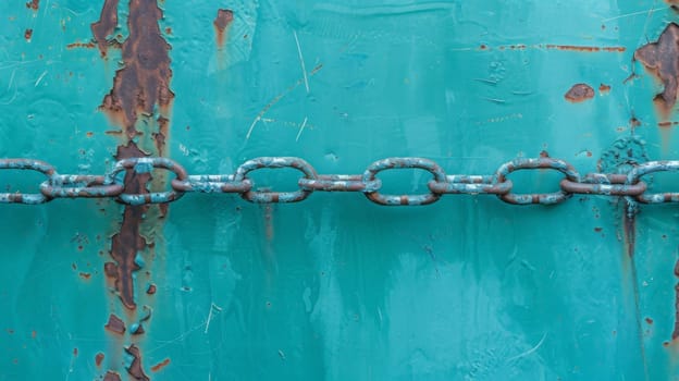 A detailed view of a metal chain hanging on a vibrant blue wall. The chain reflects light, showcasing its intricate links and texture against the smooth surface. The contrast between the industrial chain and the colorful background adds visual interest.