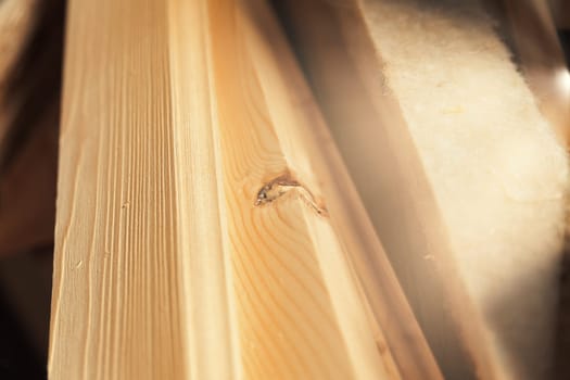 Rays of light streaming in through the large window of a carpentry shop hit rough-hewn boards and pieces of wood, ready for further processing, materials to be touched.