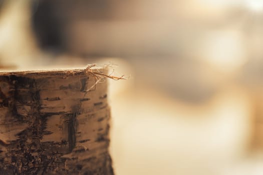 A small sawn birch log is in the foreground highlighting a burr and splinters escaped from the workmanship, but beautiful to see, against the blurred background of the woodwork.