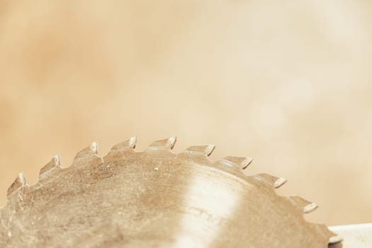 Close-up detail of half circle of toothed circular saw seen in profile in focus, while the rest of the carpenter's workshop is blurred behind.