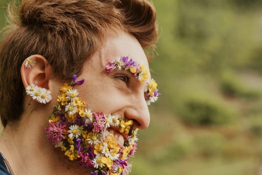 Green surrounds a unique individual: a redhead with floral features. This, whether fact or fiction, underlines his commitment to the environment and its unparalleled beauty