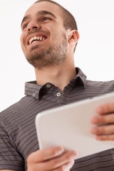 The striped shirt man interacts with tablet, a picture of delight