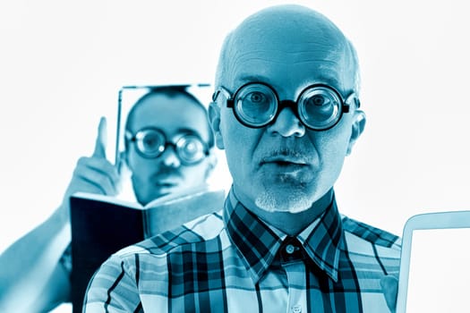 Quirky scholarly team works with a tablet, surrounded by mathematical equations