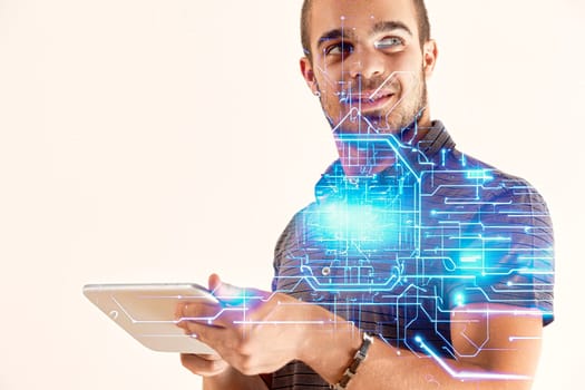 Digital world and reality converge in a mans tablet interaction