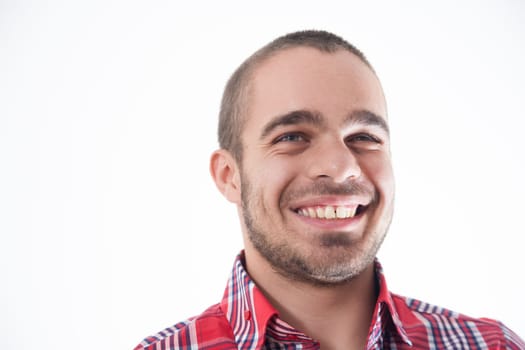 The man's joyful demeanor, highlighted by his casual checkered shirt, offers a glimpse of his pleasant personality against awhite bacground