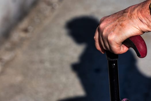 The spotted hand of an old woman on her stick conveys survival's essence when life has meaning. Outdoor ambulation fosters health and rejuvenation