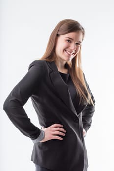 Upbeat businesswoman with a bright smile, her posture signaling confidence and capability