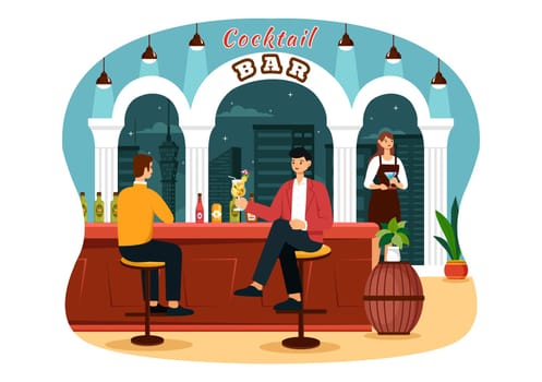 Cocktail Bar or Nightclub Vector Illustration of Friends Hanging Out with Alcoholic Fruit Juice Drinks or Cocktails in Flat Cartoon Background