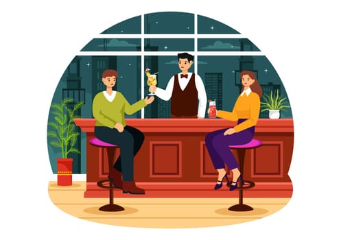 Cocktail Bar or Nightclub Vector Illustration of Friends Hanging Out with Alcoholic Fruit Juice Drinks or Cocktails in Flat Cartoon Background