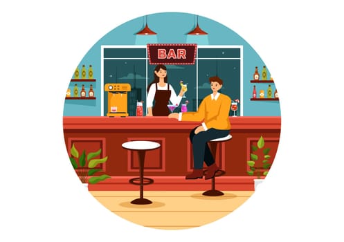 Cocktail Bar or Nightclub Vector Illustration of Friends Hanging Out with Alcoholic Fruit Juice Drinks or Cocktails in Flat Cartoon Background