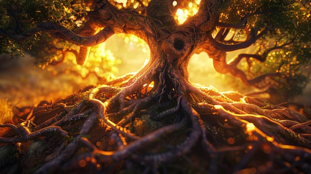 Witness the profound depiction of life manifested as a majestic tree, its branches weaving intricate paths of diversity while its roots intertwine around a radiant earth, illuminated by the soft hues of dawn light. This panoramic view symbolizes the interconnectedness of all living beings, a testament to the beauty and complexity of existence. Rendered with high contrast and vivid colors, this detailed illustration evokes a cinematic experience, achieved through meticulous 3D rendering and hyper-realistic techniques. With high resolution, sharp textures, and rich color depth, immerse yourself in this masterpiece of nature's grandeur.