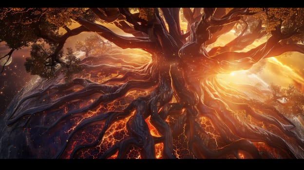 Witness the profound depiction of life manifested as a majestic tree, its branches weaving intricate paths of diversity while its roots intertwine around a radiant earth, illuminated by the soft hues of dawn light. This panoramic view symbolizes the interconnectedness of all living beings, a testament to the beauty and complexity of existence. Rendered with high contrast and vivid colors, this detailed illustration evokes a cinematic experience, achieved through meticulous 3D rendering and hyper-realistic techniques. With high resolution, sharp textures, and rich color depth, immerse yourself in this masterpiece of nature's grandeur.