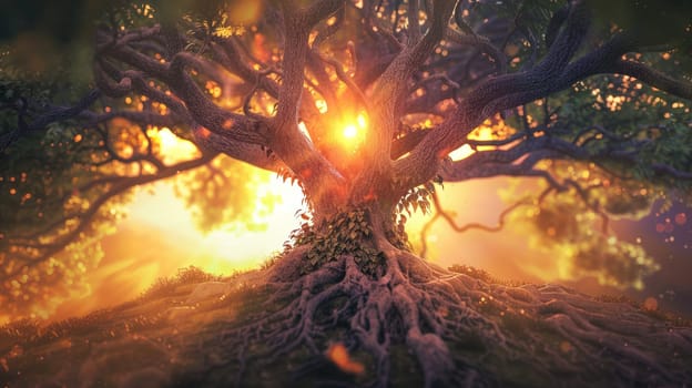 Witness the profound depiction of life manifested as a majestic tree, its branches weaving intricate paths of diversity while its roots intertwine around a radiant earth, illuminated by the soft hues of dawn light. This panoramic view symbolizes the interconnectedness of all living beings, a testament to the beauty and complexity of existence. Rendered with high contrast and vivid colors, this detailed illustration evokes a cinematic experience, achieved through meticulous 3D rendering and hyper-realistic techniques. With high resolution, sharp textures, and rich color depth, immerse yourself in this masterpiece of nature's grandeur.