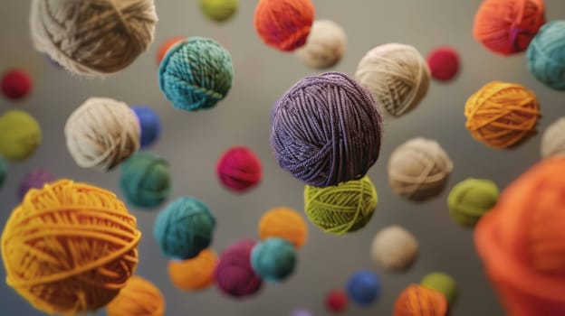 Behold the enchanting spectacle of floating colored yarn balls, each imbued with its unique hue and texture, creating a mesmerizing tapestry of color and dimension. With a sense of layering and intricate details, this captivating composition invites you to immerse yourself in a whimsical journey through a vibrant dreamscape.