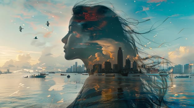 Immerse yourself in the breathtaking tapestry of this triple exposure photo, where layers of existence converge to form a mesmerizing tableau. In the first layer, the silhouette of a beautiful woman seamlessly melds with the ocean and marine life, exuding an ethereal allure. The second layer unveils the graceful dance of boats and birds against the horizon, while the third layer introduces the towering presence of urban architecture. With a high-quality cinematic feel, the harmonious blend of colors creates a dreamy and natural ambiance, inviting you to explore the depths of this visual symphony.