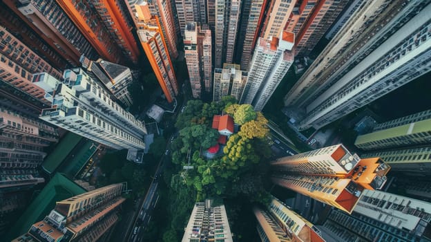 Discover the tranquil haven of a small house nestled within the bustling cityscape, its garden oasis a sanctuary amidst towering skyscrapers. This captivating juxtaposition symbolizes the harmonious coexistence of nature and urban life, offering a glimpse of respite in the heart of the metropolis.