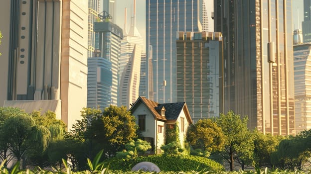 Discover the tranquil haven of a small house nestled within the bustling cityscape, its garden oasis a sanctuary amidst towering skyscrapers. This captivating juxtaposition symbolizes the harmonious coexistence of nature and urban life, offering a glimpse of respite in the heart of the metropolis.