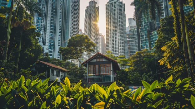 Discover the tranquil haven of a small house nestled within the bustling cityscape, its garden oasis a sanctuary amidst towering skyscrapers. This captivating juxtaposition symbolizes the harmonious coexistence of nature and urban life, offering a glimpse of respite in the heart of the metropolis.