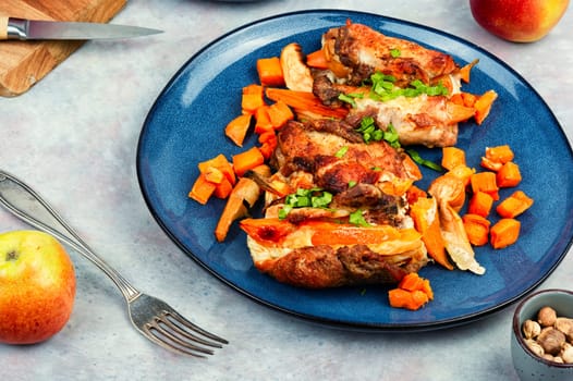 Delicious meatloaf or roulade stuffed with sweet potato and apples. Space for text.