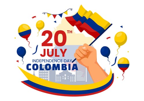 Happy Colombia Independence Day Vector Illustration on 20 July with Waving Flag and Ribbon in National Holiday Celebration Flat Cartoon Background